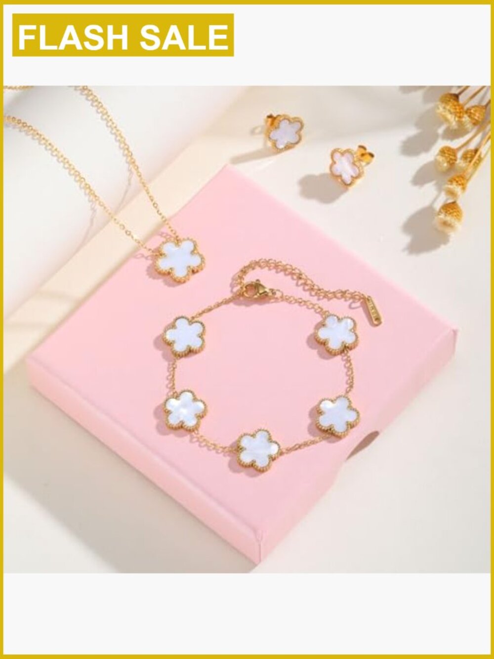 Floral 3-piece Jewelry Set: Necklace, Bracelet, Earrings - 18K Gold Plated, - Picture 2 of 7